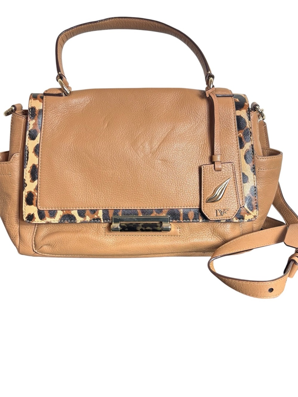 Diane Von Furstenberg Tan Leather Satchel with Leopard Trim